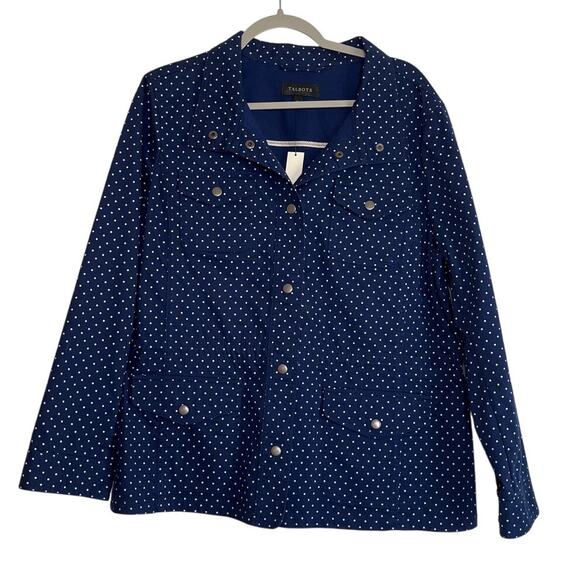 Talbots Polka Dot Utility Field Jacket Size XL Navy Blue Snap Cinch Waist NWT - Picture 1 of 7